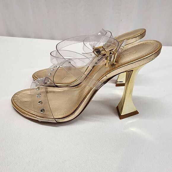 Schutz Size 5 B Glasy Gold Metallic Transparent Heel Sandals M - Picture 4 of 10